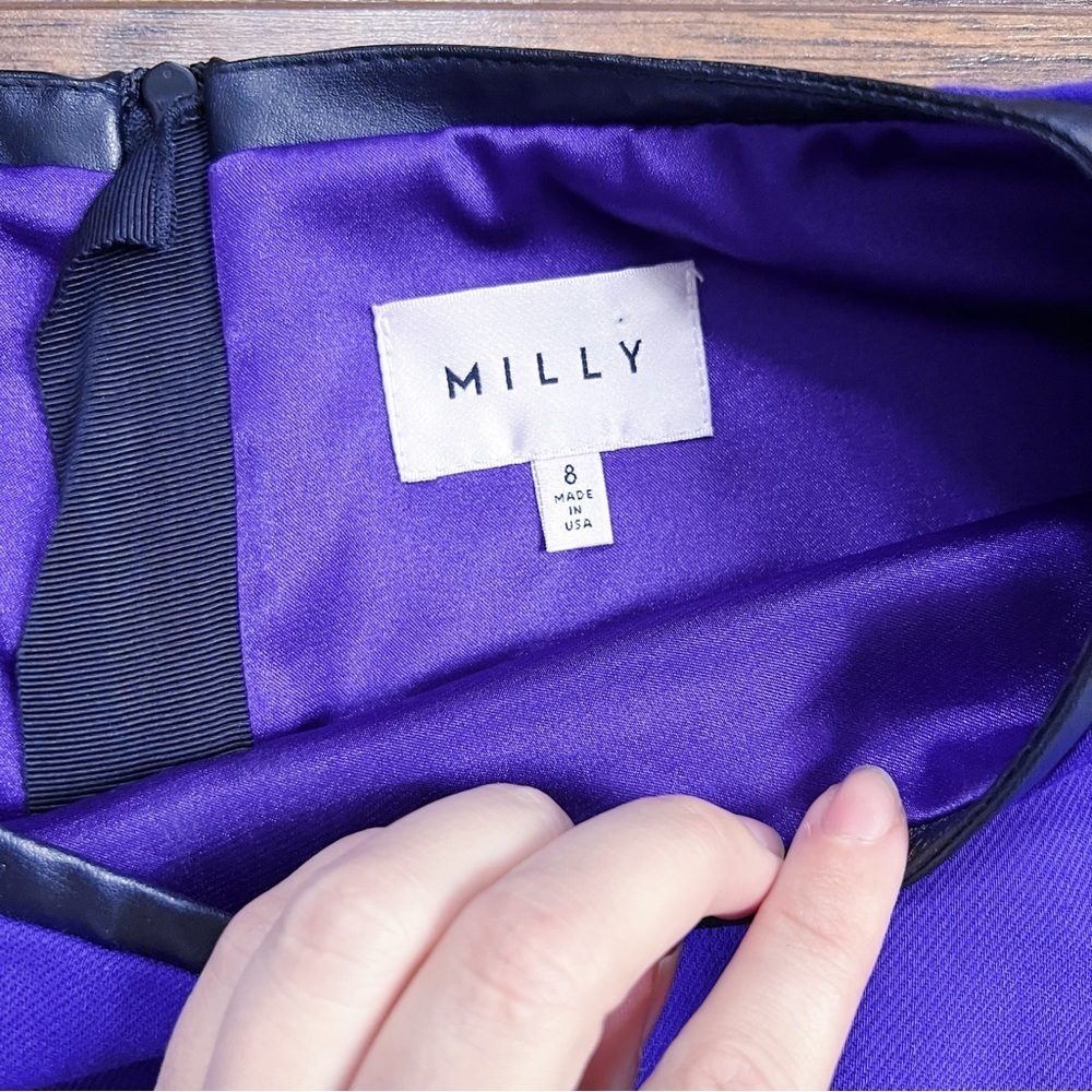 MILLY • Pipe-Trim Peplum Dress purple stretch wool black vegan leather - Picture 4 of 11